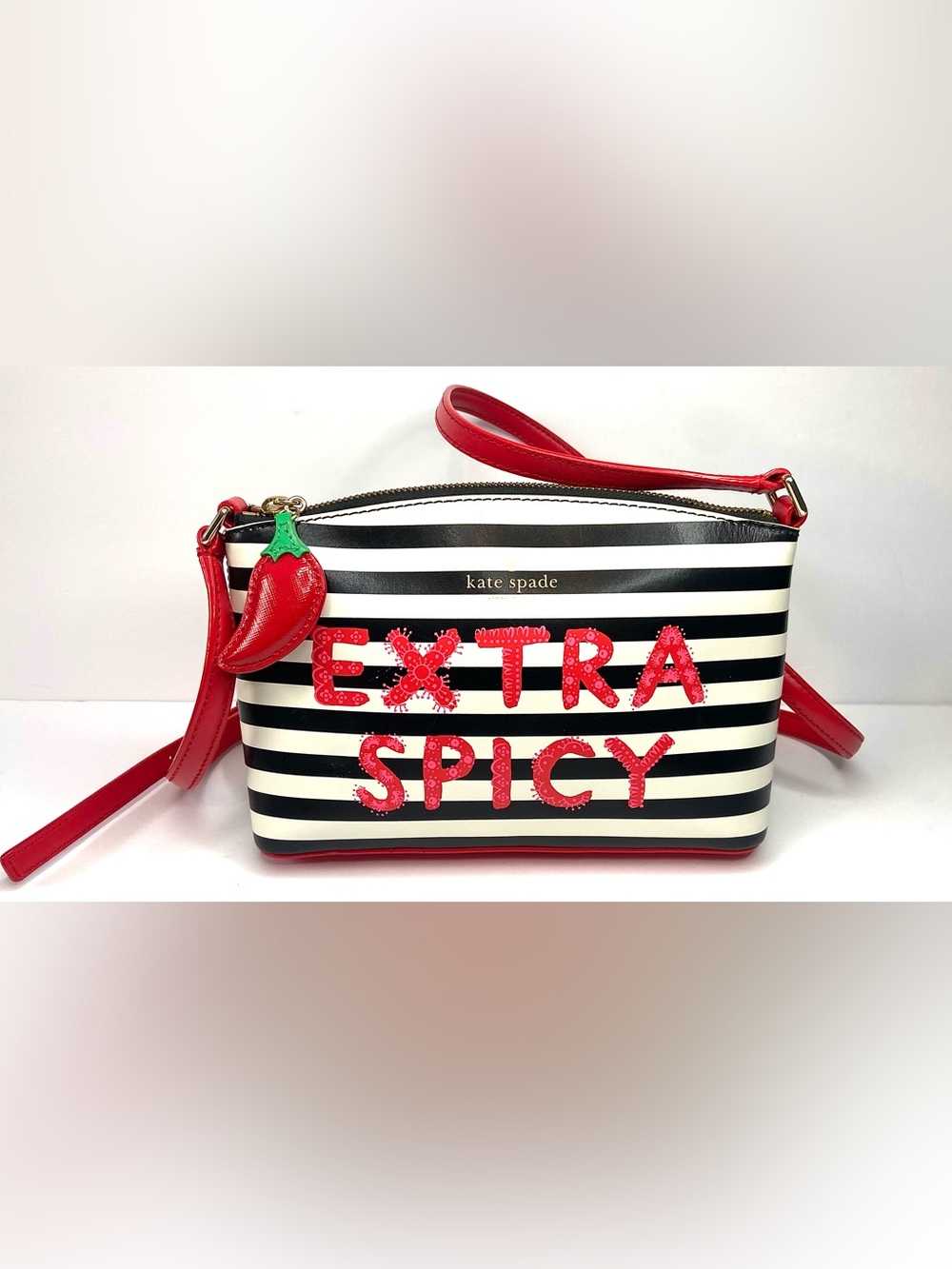 EUC 2018 novelty kate spade Black & White Striped "Extra Spicy" Crossbody - Picture 2 of 13